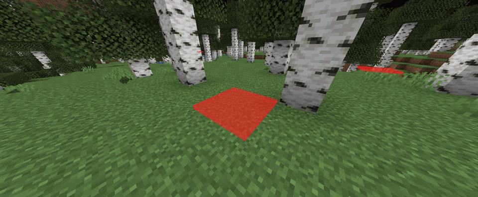 A red Sus Chunk slab glowing on the grass in a birch forest